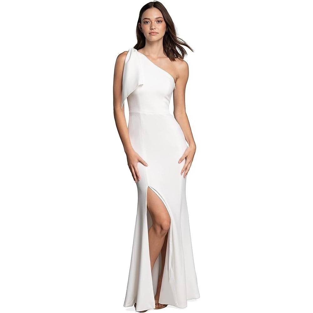 DTP White Asymmetrical Sleeveless One Shoulder Bow Gown Maxi Side Slit Size XS